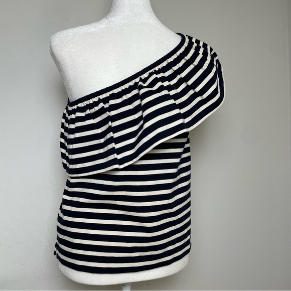 J. CREW Nautical Stripe One Shoulder Bold Ruffle Navy White Cotton Top Blouse XS - Picture 3 of 8